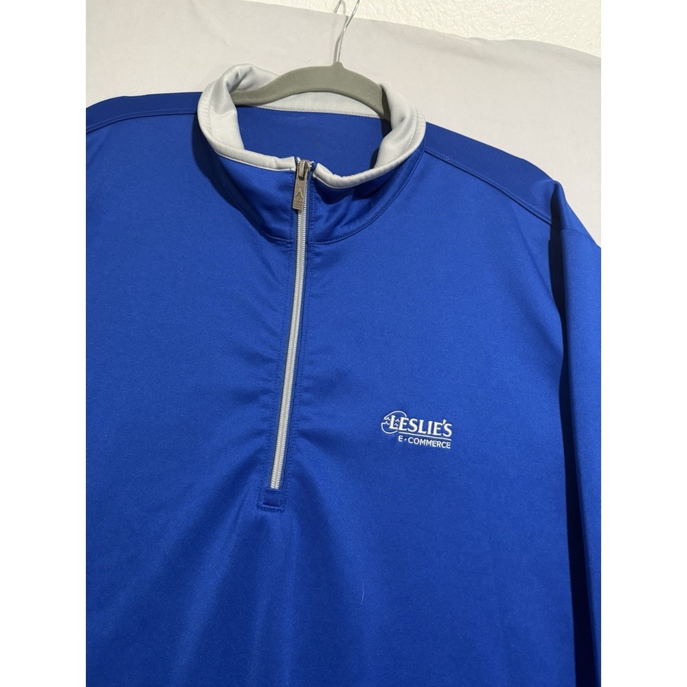 antigua brand blue 1/3 zip pullover jacket, Leslie's pool supply logo, men's xxl